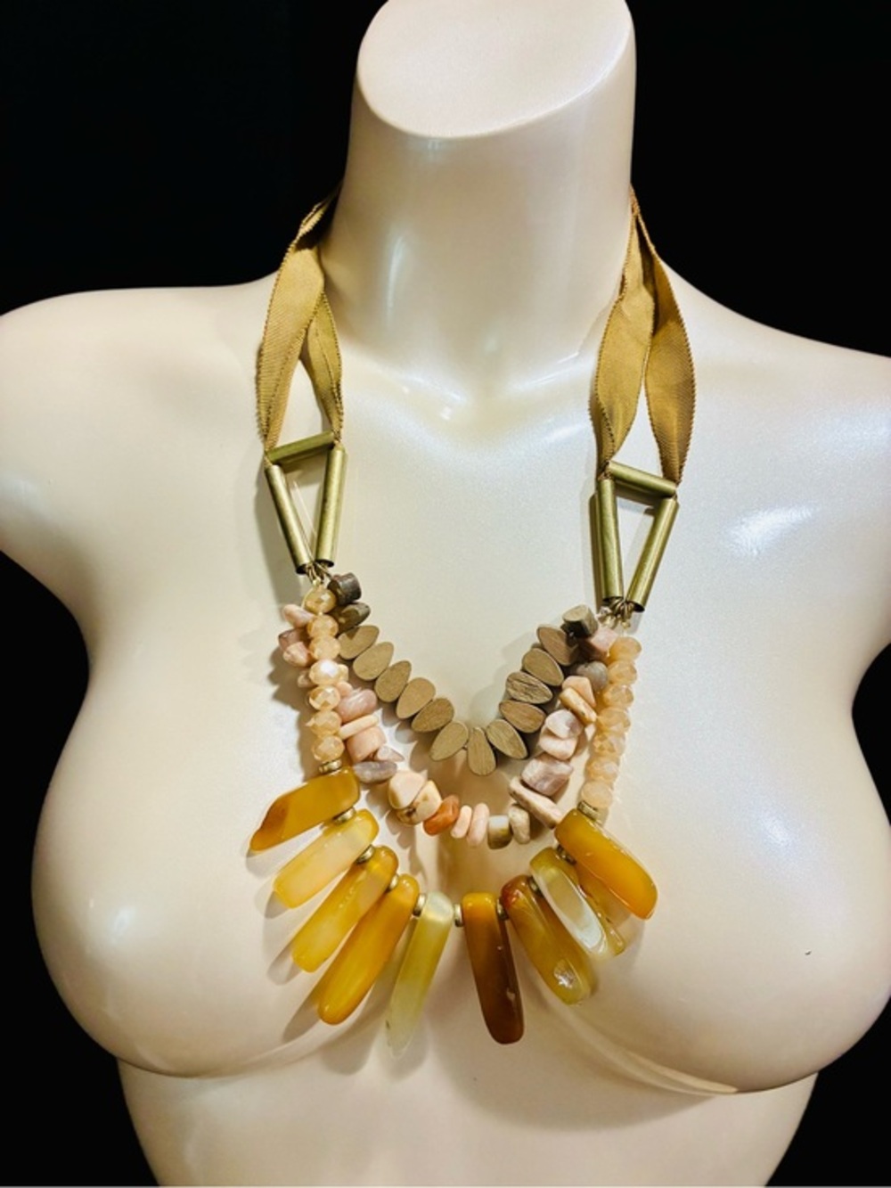 Source Unknown Gold Ribbon Necklace with Yellow Agate Drops